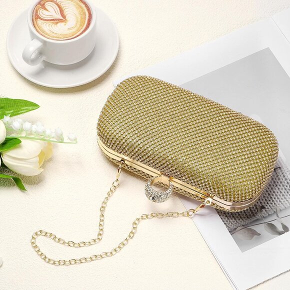 Women Gold Sparkly Rhinestone Evening Clutch Purse Crystal Ring Clasp Handbag - Picture 6 of 6